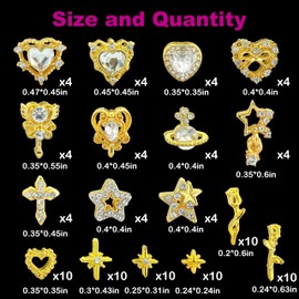 104PCS Gold Nail Charms and Gems,Heart,Cross,Star,Rose,Starburst Charms for Nails Design,3D Alloy Y2k Nail Jewels Bulk Nail Art Decor Set