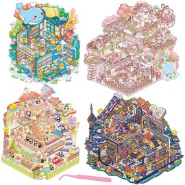 4 Sets DIY 3D Fun Large Size House Scene Stickers with Tweezers Make Your Own Castle Underwater Library Magic Flower House Sticker Scenes Cute Animal Micro Stickers for Relief Stress Pass The Time