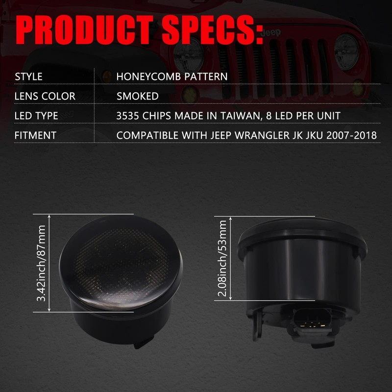 DKMGHT Turn Signal Lights Smoked Lens for Jeep Wrangler 2007-2018