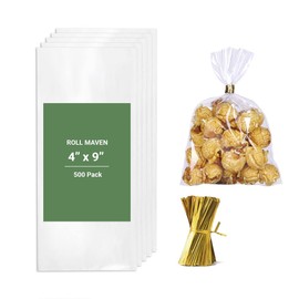 Roll Maven Cello Bags 500 Pieces 4x9 Inches OPP Plastic Cellophane Gift Bags for Packaging Cookies, Pretzel Rod, Sandwich, Candy, Chocolate, Clear Party Favor Bags with Twist Ties
