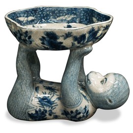 ChinaFurnitureOnline Porcelain Chinese Decorative Dish, Monkey Holding Lotus Dish Blue Glaze