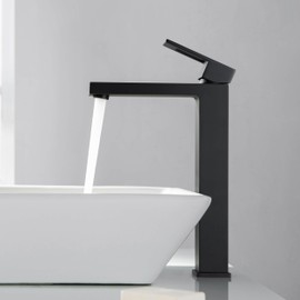 KIBI Cubic Single Handle Vessel Faucet for Bathroom Sink | Solid Brass High Arc Faucet Spout (Matte Black) (KBF1003) (Pop Up Drain Included)