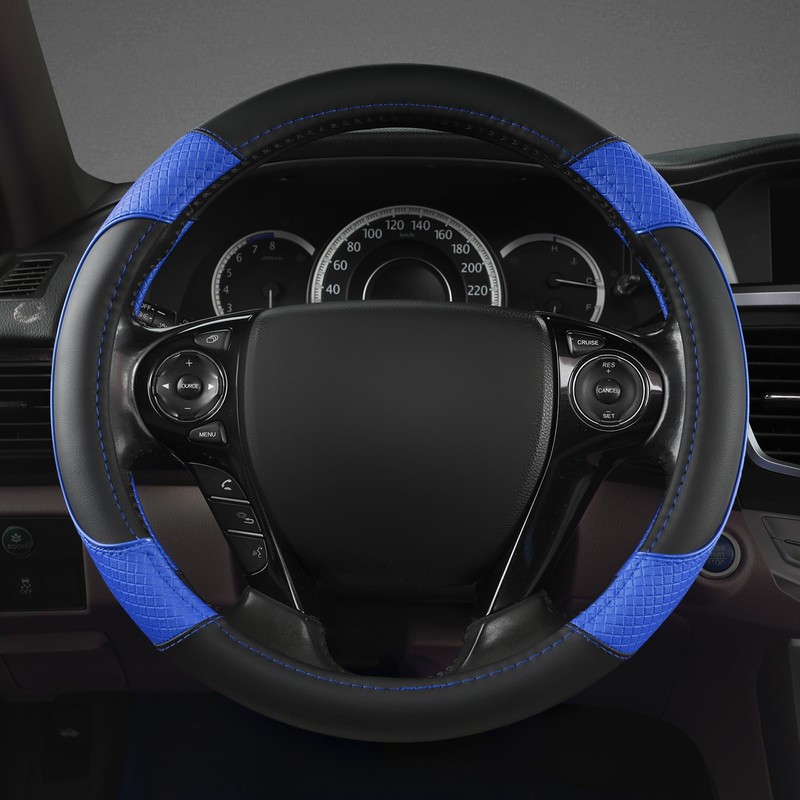 GIANT PANDA Microfiber Leather Steering Wheel Cover for Honda Accord,Civic,CR-V,HR-V,Pilot(Diamond-Pattern-Black+Blue-Standard