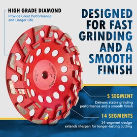 7" High Performance Diamond Grinding Wheels for Aggressive Concrete, Paint, Epoxy, Mastic, Coating Removal, #18/20 Grit, 14 S Segments, 5/8"-11 Arbor