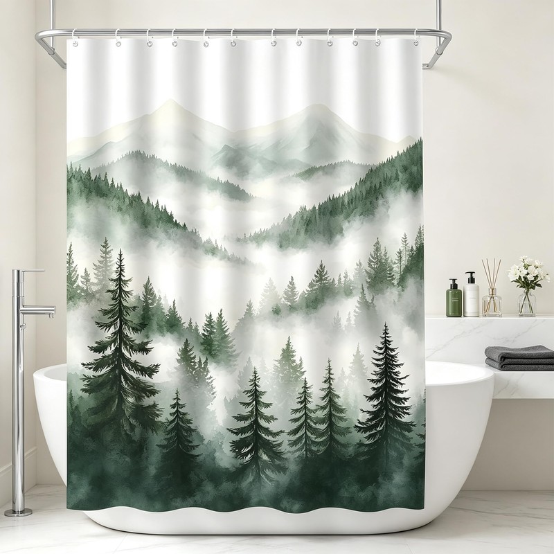 Dark Green Misty Pine Forest Shower Curtain Mountain Foggy Scenery,70x70IN