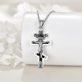 JERWLI Orthodox Cross Necklace 925 Sterling Silver Eastern Orthodox Cross Pendant Necklace Orthodox Religious Jewelry for Women Men Gifts, Large, Sterling Silver, No Gemstone