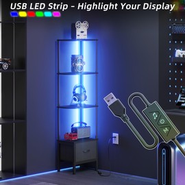 AFLUI 4-Tier Corner Bookshelf with Fabric Drawer and LED Light, 57" Bookcase for Small Space, Narrow Book Shelf for Corner, Display Shelf, Black