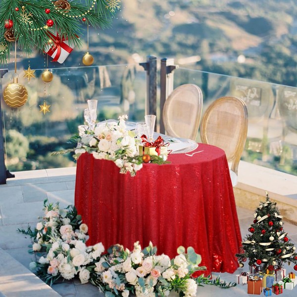 AIXHN Eye-Catching Red 120" Sequin Tablecloth | Sparkling Round Table