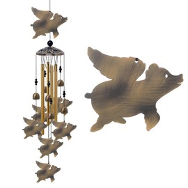 Flying Pigs Wind Chimes Outdoor Decor - with 6 Bells 7 Pigs Wind Chimes, Mobile Romantic Fly Pigs Wind Catcher, Bronze Pigs Wind Bells for Home, Mom Gifts, Balcony, Tree, Festival, Garden Decoration
