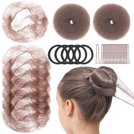 Teenitor Hair Bun Maker Kit For Kids - 2pcs Small Hair Donut Shapers, 10pcs Small Invisible Hair Nets, 20pcs Bobby Pins For Buns, 5 Hair Bands (Tan Brown)