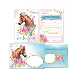 Minkocards 12 Invitation Cards with 12 Envelopes for 7th Children's Birthday Girl Horse Invitation Set