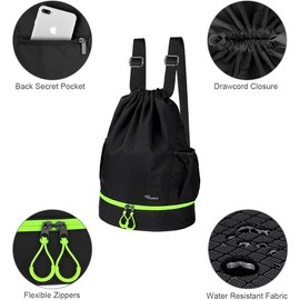 RYACO Drawstring Backpack Sports Gym Bag, Water Resistant String Sackpack Large Size with Zipper and Water Bottle Mesh Pockets for Gym Shopping Sport Yoga School Swimming Beach
