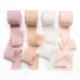Pieaary Handmade Fringe Chiffon Silk Ribbon 4 Rolls/1" x 5Yd Per Roll,Pink & Cream Frayed Edges Ribbons Set (1" x20Yd, Pink&Cream)