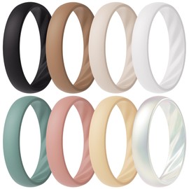ThunderFit Silicone Ring Wedding Bands for Women, Elegant Wavy Grooves, 4mm Wide, 1.6mm Thick, Breathable, Women's Rubber Engagement Rings, 8-Pack (Pack A)