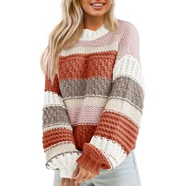 Saodimallsu Womens Color Block Sweater Striped Chunky Knit Cropped Sweaters Crewneck Fall Long Sleeve Loose Pullover Tops Brown