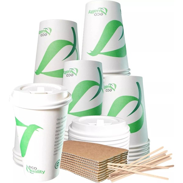 EcoQuality 16oz Compostable Paper Cups with White Dome Lids, Sleeves