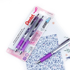 Pentel EnerGel Retractable Gel Roller, 0.7mm Medium Point, 2PC Pack, Pink Ribbon Barrel, Violet Ink