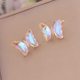 Locrccl Colorful Butterfly Stud Earrings Vintage Bohemian Enamel Cubic Zirconia Butterfly Cute Statement Aesthetic Earrings for Women Jewelry Mother's Day (A-white)