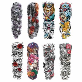 8 Sheets Temporary Tattoos for Men and Women Full Arm, Waterproof Temp Tiger Dragon Fish Skull Tattoo Stickers Adults, Hand and Body Art Flower Animal