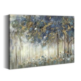 Abstract Landscape Canvas Wall Art: Neoclassicism Forest Painting Dark Blue Trees Picture Modern Country Woods Scenery Prints Contemporary Quiet Suburb Artwork for Bedroom Living Room Home Office