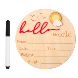 Baby Announcement Sign, 5.83 Inch Wooden Hello World Newborn Sign Cute Welcome Birth Name Plaques Board for Girl Boy Baby Shower Hospital Nursery Photo Prop (Rose Red)
