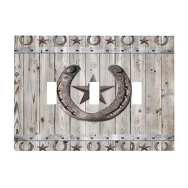 Sghxwp Rustic Western Wood Barn Door Horseshoe Iron Star 3 Gang Light Switch Covers Triple Toggle Wall Plate Decorative Switchplate Electrical Faceplate for Farmhouse Country Bedroom Decor