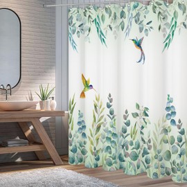 QOQIBU Sage Green Eucalyptus Shower Curtain for Bathroom, Hummingbird Bird Shower Curtains with Watercolor Leaf Plant Pattern, Aesthetic Botanical Bathroom Curtain with 12 Hooks - 72 x72