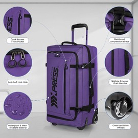 26'' Rolling Duffle Bag with Wheels,Rolling Duffle Bag w/Handle,Carry on Luggage Travel Duffle Bags for Man Women（26,Purple）