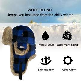 Winter Trapper Hat for Men Women Russian Faux Fur Winter Hat Ushanka Hat Men Aviator Hat with Ear Flaps Blue Black
