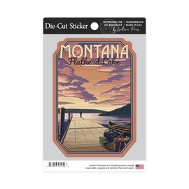 Die Cut Sticker Flathead Lake, Montana, Dock and Lake Scene, Contour Vinyl Sticker 3 to 6 inches, (Waterproof Decal for Cars, Water Bottles, Laptops, Coolers), Large