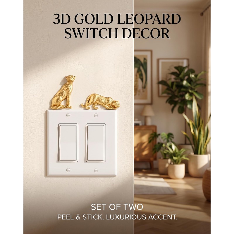 2 Pack 3D Resin Gold Cheetah Light Switch Wall Decor