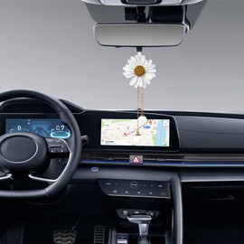 KHGUZ Car Hanging Accessories, Daisy Flower Vehicle Rear View Mirror Pendant Charms, Cute Automotive Interior Decor Hanger Ornament for Women Girls, Universal for SUV, Sedan, Truck (White)