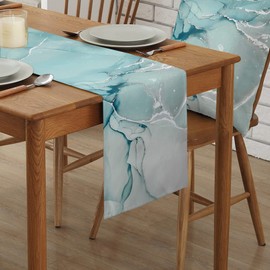 Marble Turquoise Teal Aqua Table Runner 70 Inches Long,Cotton Linen Modern Kitchen Dinner Dining Table Runners Decor Dresser,Burlap Tablerunner for Coffee/Dining/Party/Wedding Table Table Decor