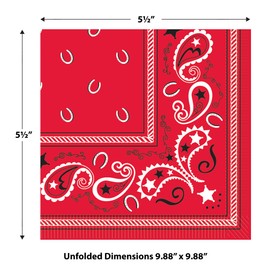 Beistle Red Bandana Beverage Napkins, 48 Count, 2-Ply Table Décor, Western Party Supplies for Cowboy, Rodeo, and Country Farm-Themed Birthdays and Events, 5.5” x 5.5”
