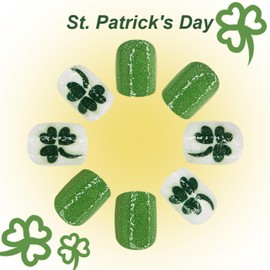 St Patrick MIXFOSAHN Press on Nails Short Square Fake Nails Green White False Nails with Designs Beautiful Lucky Clover Full Cover Stick on Nails Glue on Nails St. Patrick's Day for Women Girls 24 Pcs