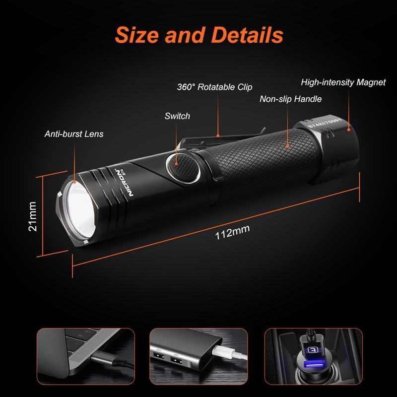 NICRON Flashlight, 700 Lumens 90 Degree Pocket Flashlight Rechargeable IP65