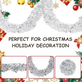 50 Feet Christmas Tinsel Garland Metallic Twist Garland for Christmas Tree Shiny Xmas Hanging Garland for Home Mantle Stair Indoor Outdoor Holiday Party Supplies Decor (Silver)