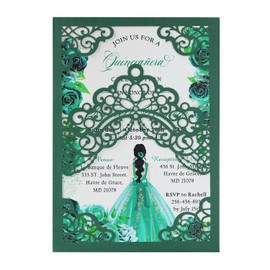 Hosmsua 50PCS Blank Emerald Green Quinceanera Invitations Kit, 5.1x7.3 Inch Laser Cut Floral Crown Pocket Quinceanera Invitation Cards with Envelopes for Birthday Quince Anos Invite