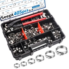 Seept 405Pcs 15-Sizes 304 Stainless Steel Single Ear Hose Clamps with Ear clamp plier Pack in handheld Box 5.3-36.1mm Crimp Hose Clamps Assortment Kit for Auto/Home Appliance/Pipe/Fuel Line