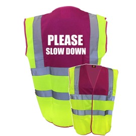 Equestrian Please Slow Down Hi Viz Vis Vest Horse Riding Reflective Waistcoat Jacket Road Safety Visibility Yellow/Pink XXX-Large