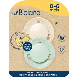 BIOLANE - Round Dummy | Extra Thin Dummy | 0-6 Months | Green & Beige | Natural Rubber Teat | Promotes Mouth Development | Soft and Comfortable