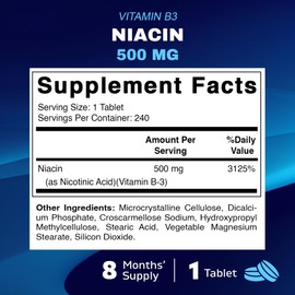 Vitamatic Niacin (Vitamin B3) 500mg, Sustained Release, 240 Tablets - Non-GMO & Gluten Free