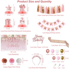 syuebt Rose Gold Birthday Party Decorations for Women Girls , Happy Birthday Pink Rose Gold Party Supplies with Tassel Flower Ball Banner Backdrop Centerpieces Crown Sash Balloons Arch Kit
