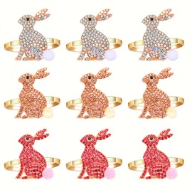 Easter Napkin Rings Set of 9, Rhinestone Easter Bunny Napkin Holder Rings for Table Place Setting Spring Holiday Table Decor (Style H)