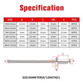 YIXISI 180 PCS 6 Sizes M3.2 / M4 / M4.8 Dome Blind Rivet Kit, Metal Rivets Pull Pop Rivets, Aluminium Pop Rivets Large Flange, for Fixing Component Construction Fasteners Furniture