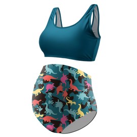 DEBELLY Maternity Women's Tankini Set Swimsuits 2 Piece Pregnancy Bathing Suits with Comfortable Mama Bikini Top High Waisted Swim Bottom,Teal Dinosaur,S