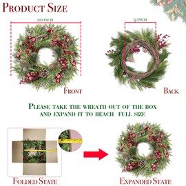 [ Timer ] 20 Inch Artificial Christmas Wreath with 30 LEDs Warm White Lights Long Pine Needles Snowy Bristle Pine Cypress Leaves Pinecones Red Berries Xmas Balls Wreath Decor for Front Door Window
