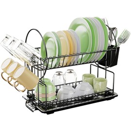 ZICANYCO Dish Drying Rack for Kitchen Counter, 2 Tier Small Dish Drying Rack, Space Saving Dish Drainer Rack with Removable Drainboard and Utensil, Cup, Glass Holders, Black