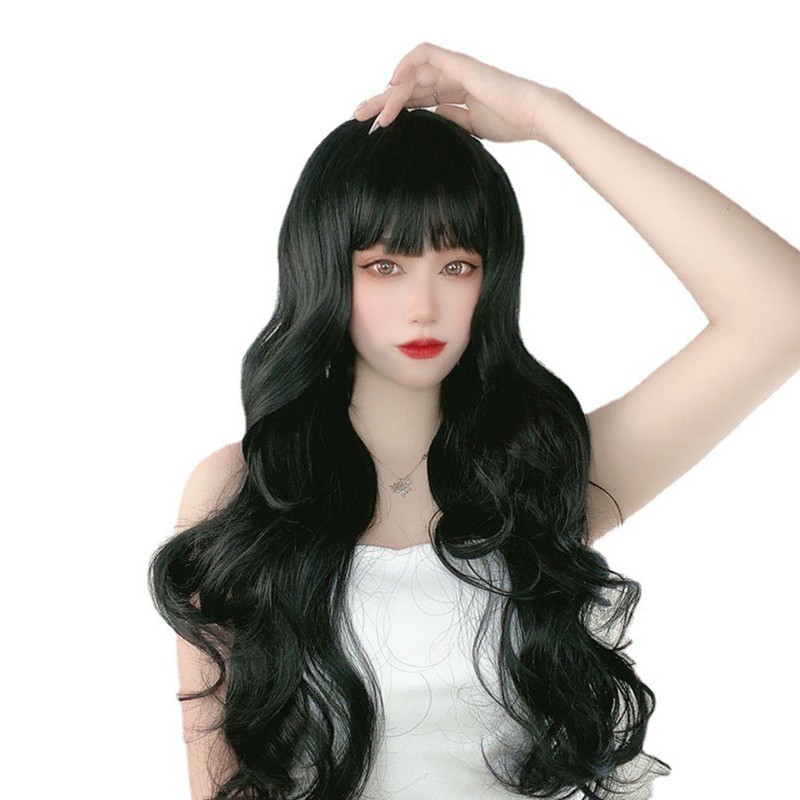 Long Curly Wavy Wig with Bangs Women Fashionable Synthetic Heat