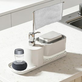 Dispensador de Jabon Cocina，Despachador de Jabon Liquido，Dispensador de Jabon Baño，con Esponja, Trapo, Cepillo de Olla，Baño, Cocina Disponible (Blanco)